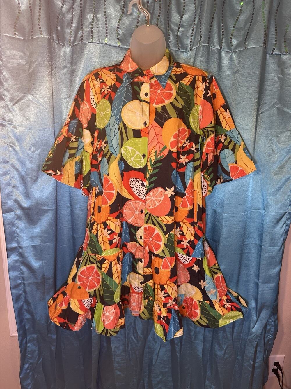 Maude Vivante Fruit Forest Zara A-line Dress Tiered Cotton Poplin Women’s XL